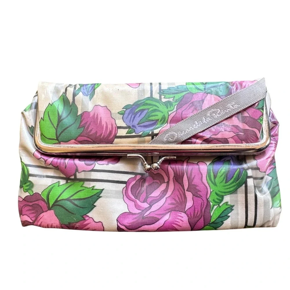 Vintage Oscar de la Renta Floral Plaid Cosmetic Bag Kiss Lock‎ Mirror Makeup